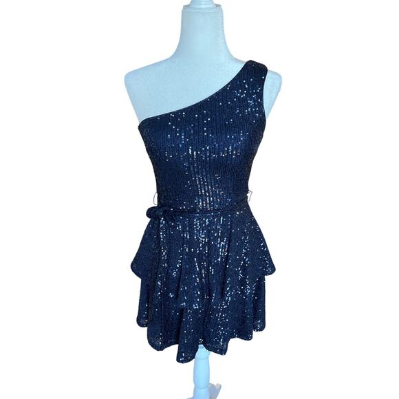 Trixxi Sequined One-Shoulder Tiered Navy Mini Dress Junior Size S Glam Dance - Picture 1 of 10